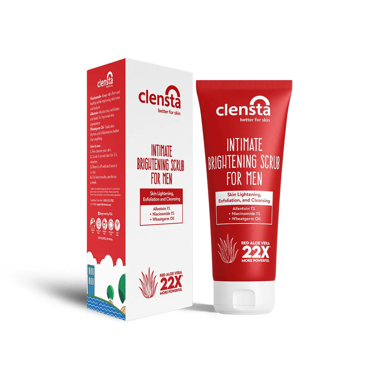 Clensta Intimate Brightening Scrub| With Red Aloe Vera and Niacinamide| Exfoliates, Lightens and Cleanses Skin| For Underarms and Intimate Areas| For Men & Women