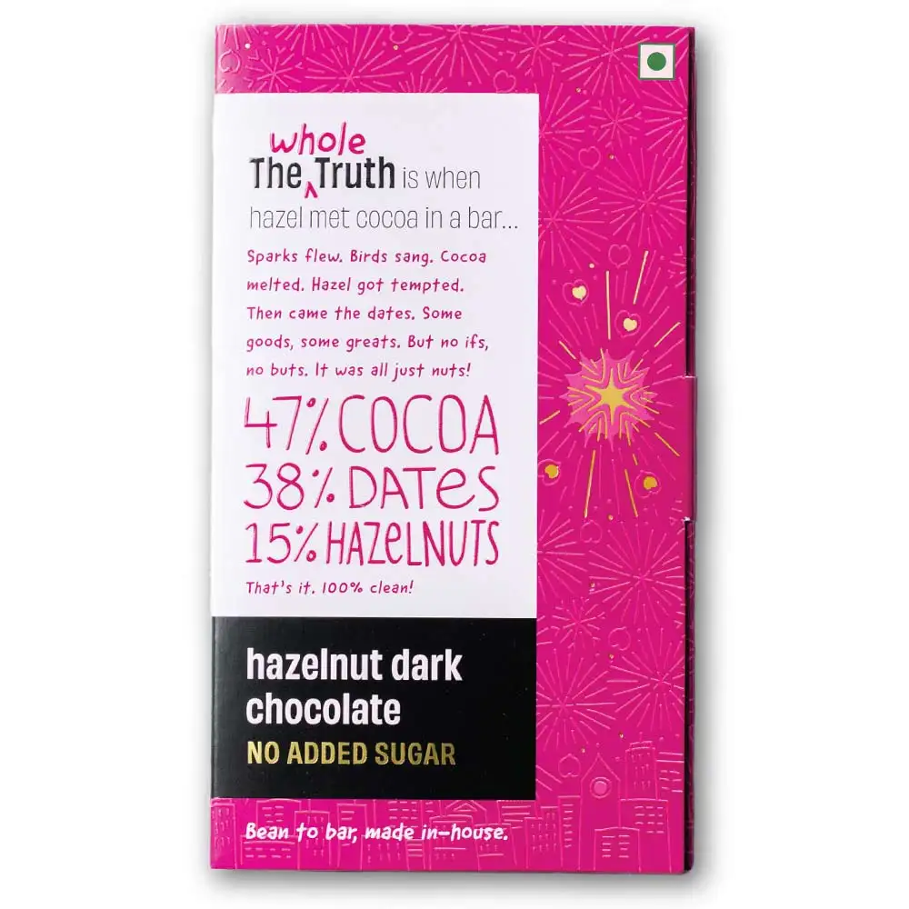 The Whole Truth Hazelnut Dark Chocolate,  2 Piece(s)/Pack  47% Cocoa, 38% Dates, 15% Hazelnuts (No Added Sugar)