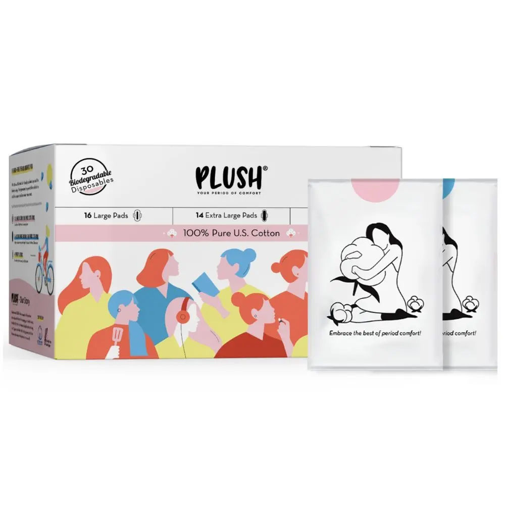 Plush 100% Pure US Cotton Ultra-Thin Rash Free Natural Sanitary Pads - 30 Pads each with Disposable Pouches