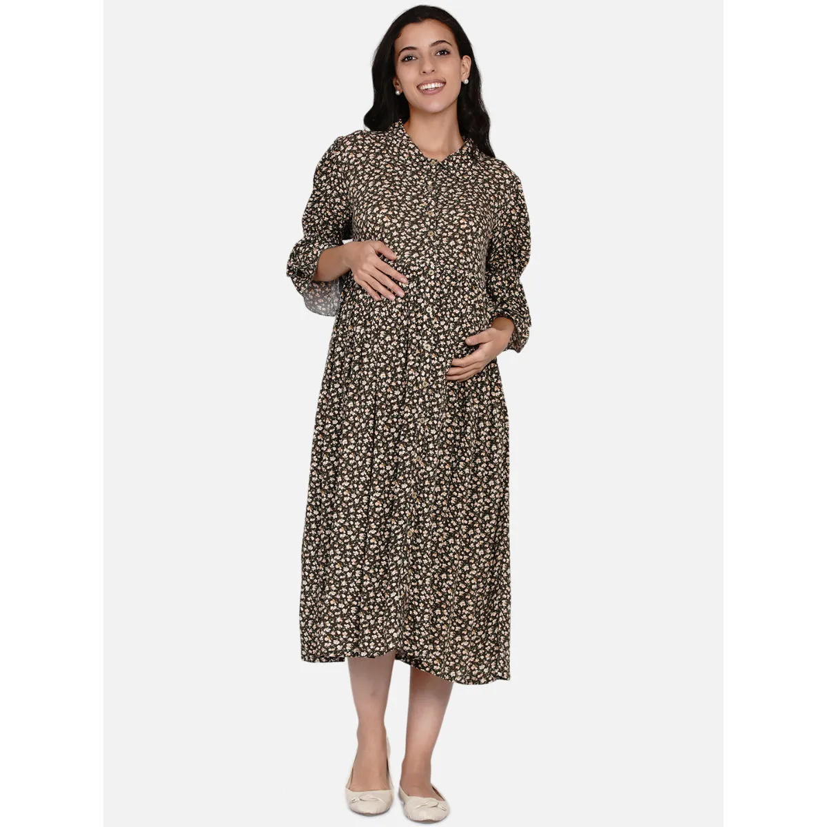 The Kaftan Company Olive Ditsy Floral Maternity And Feeding Dress Olive