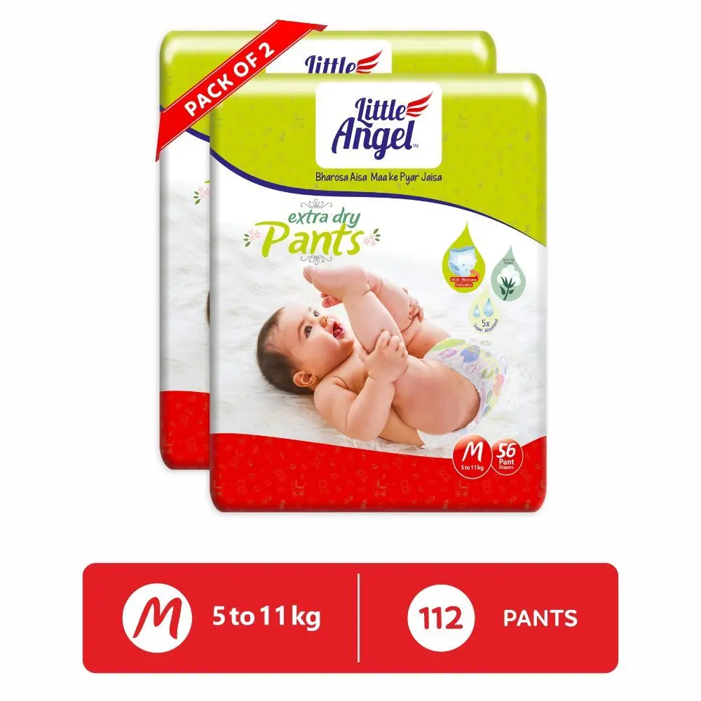 Little Angel Extra Dry Baby Pants Diaper, Medium (M) Size, 112 Count, Super Absorbent Core Up to 12 Hrs. Protection, Soft Elastic Waist Grip & Wetness Indicator, Pack of 2, 56 count/pack, Upto 5-11kg