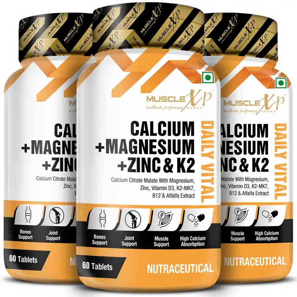 MuscleXP Calcium + Magnesium + Zinc & K2,  60 tablet(s)  Unflavoured (Pack of 3)