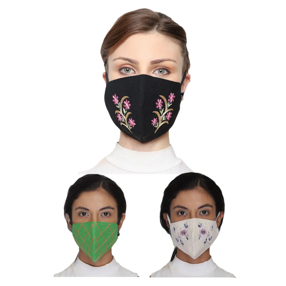 Anekaant Pack Of 3 Multicolor 3-Ply Reusable Cotton Embroidered Fabric Fashion Mask