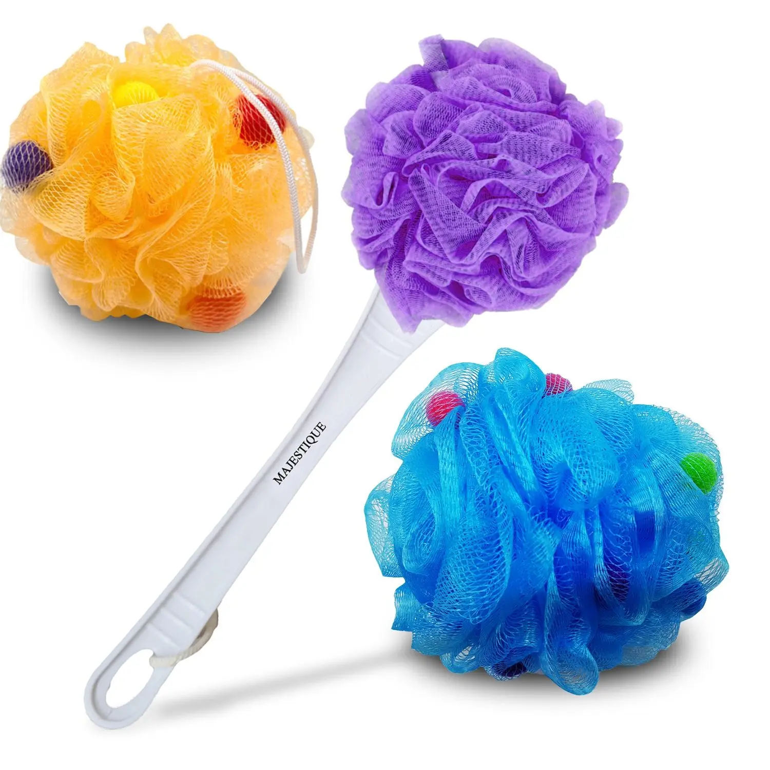Majestique Body Loofah 3Pcs Set - Ball Round Exfoliating Loofah with Long Handle Loofah - Soft Exfoliating Shower Home - Color May Vary