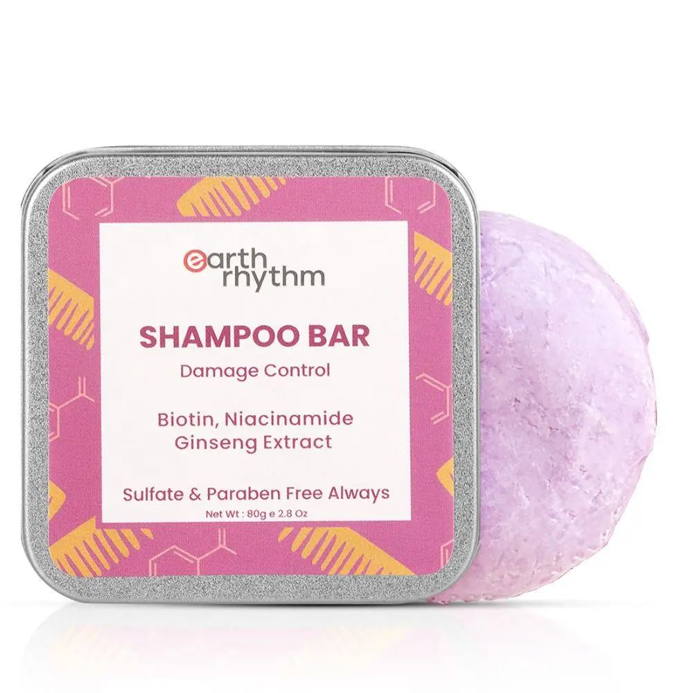 Earth Rhythm Shampoo Bar With Biotin, Niacinamide & Ginseng Extract | Controls Heat Damage, Restores Suppleness | for Damaged & Lifeless Hair | Men & Women | With Tin - 80 G