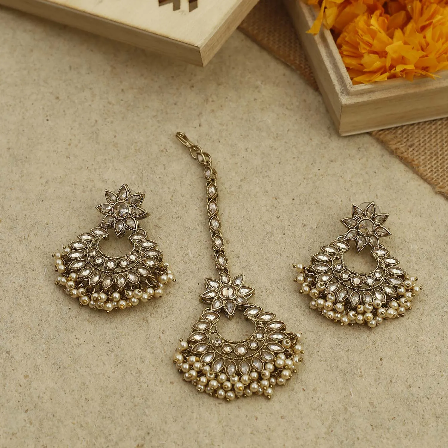 Bling Bag Crystal Drop Phool Maang Tikka Set