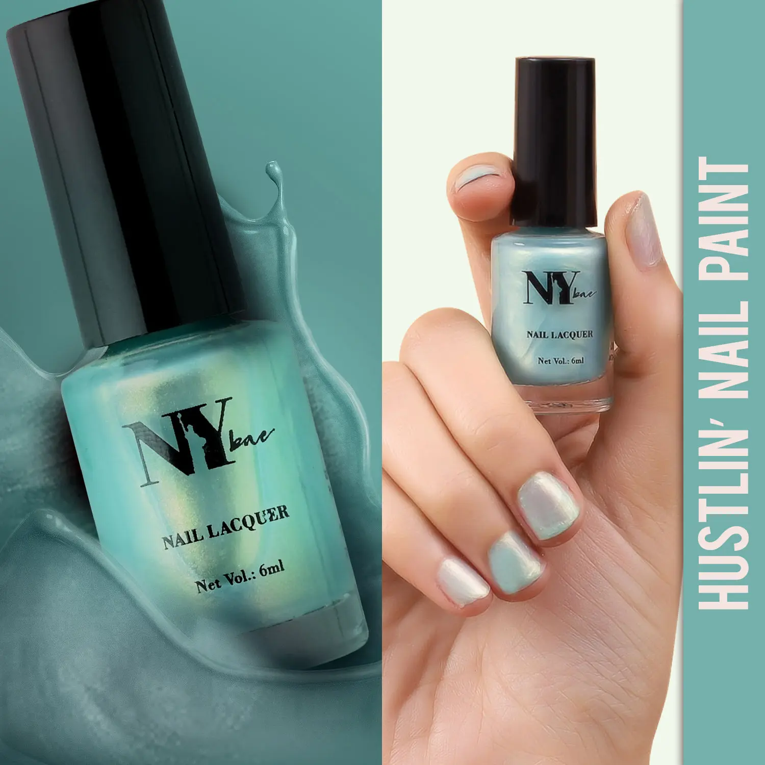 NY Bae Hustlin' Nail Lacquer - Aquaholic Glow 5 (6 ml) | Blue | Glossy Finish | Highly Pigmented | Rich Shine | Chip Resistant | Long lasting | Quick Drying | Streak-free Application | Cruelty Free