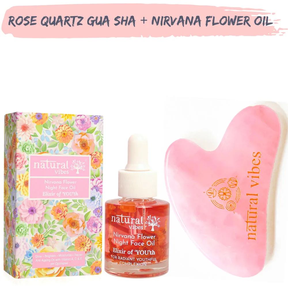 Natural Vibes Rose Quartz Gua Sha Face Massager + Nirvana Anti Ageing Flower Oil