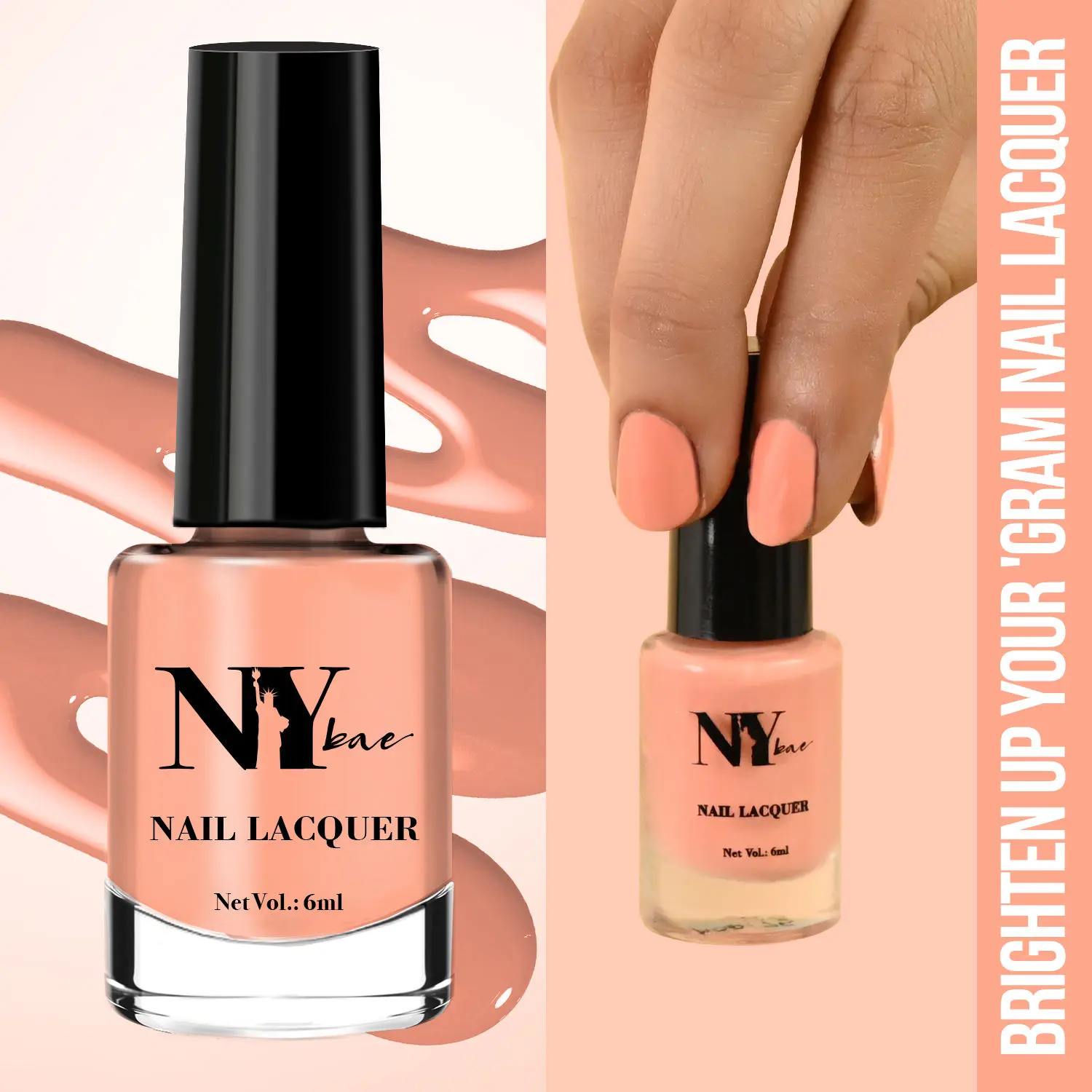 NY Bae Brighten Up Your 'Gram Nail Lacquer - Neon Peach 4 (6 ml) | Peach | Glossy Finish | High Colour Payoff | Chip Resistant | Long lasting | One Swipe Application | Cruelty Free