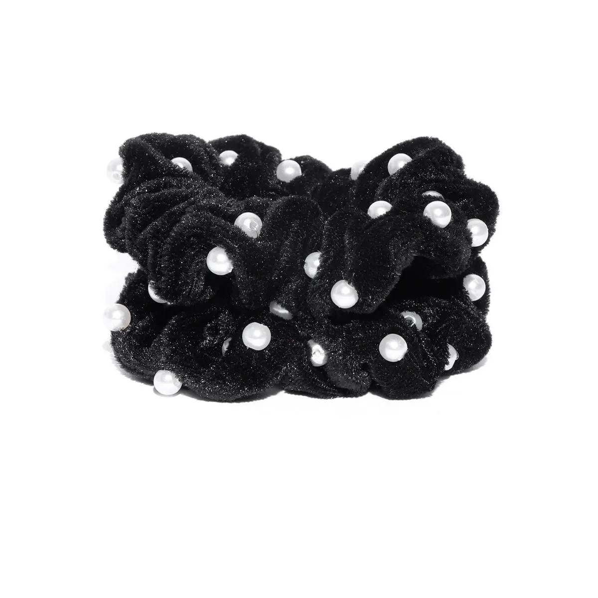 Blueberry Set Of 2 Black Velvet Pearl Detailing Scrunchies