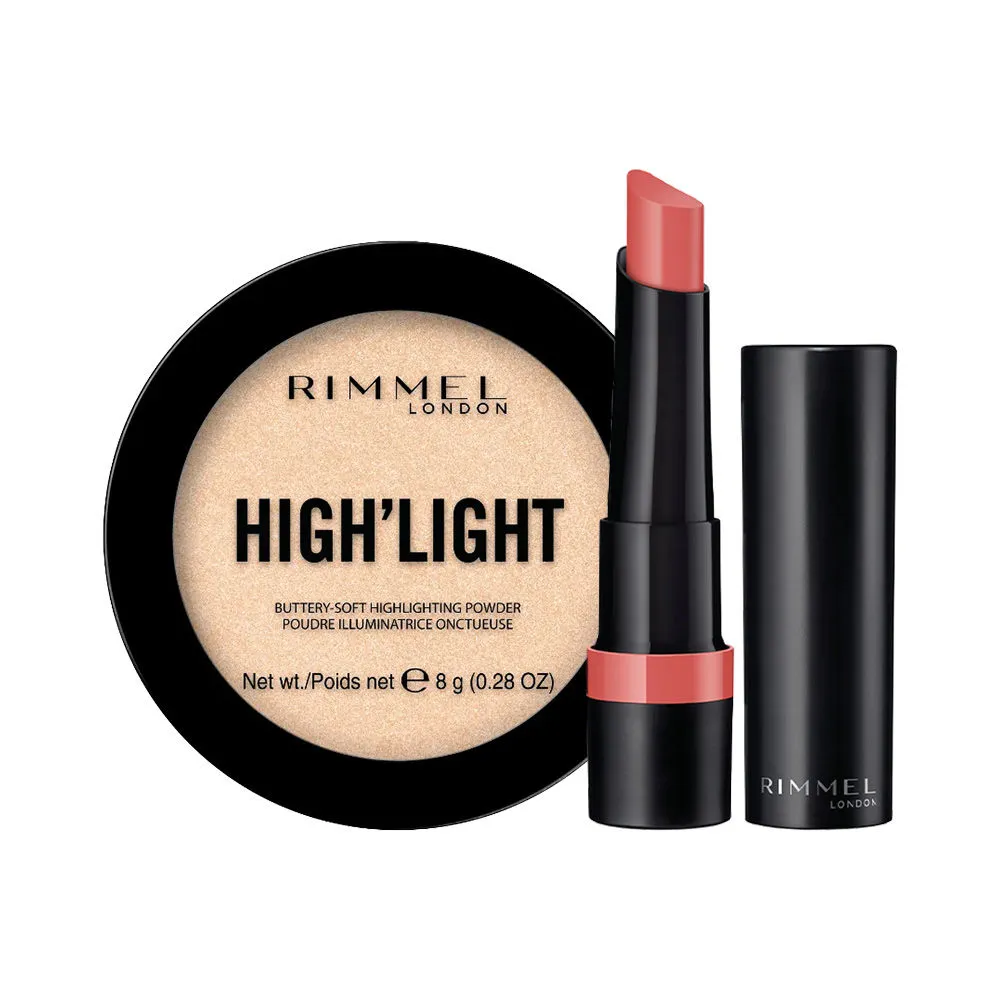 Rimmel London High'light Powder - Stardust & Lasting Finish Matte Lipstick - Peach Petal