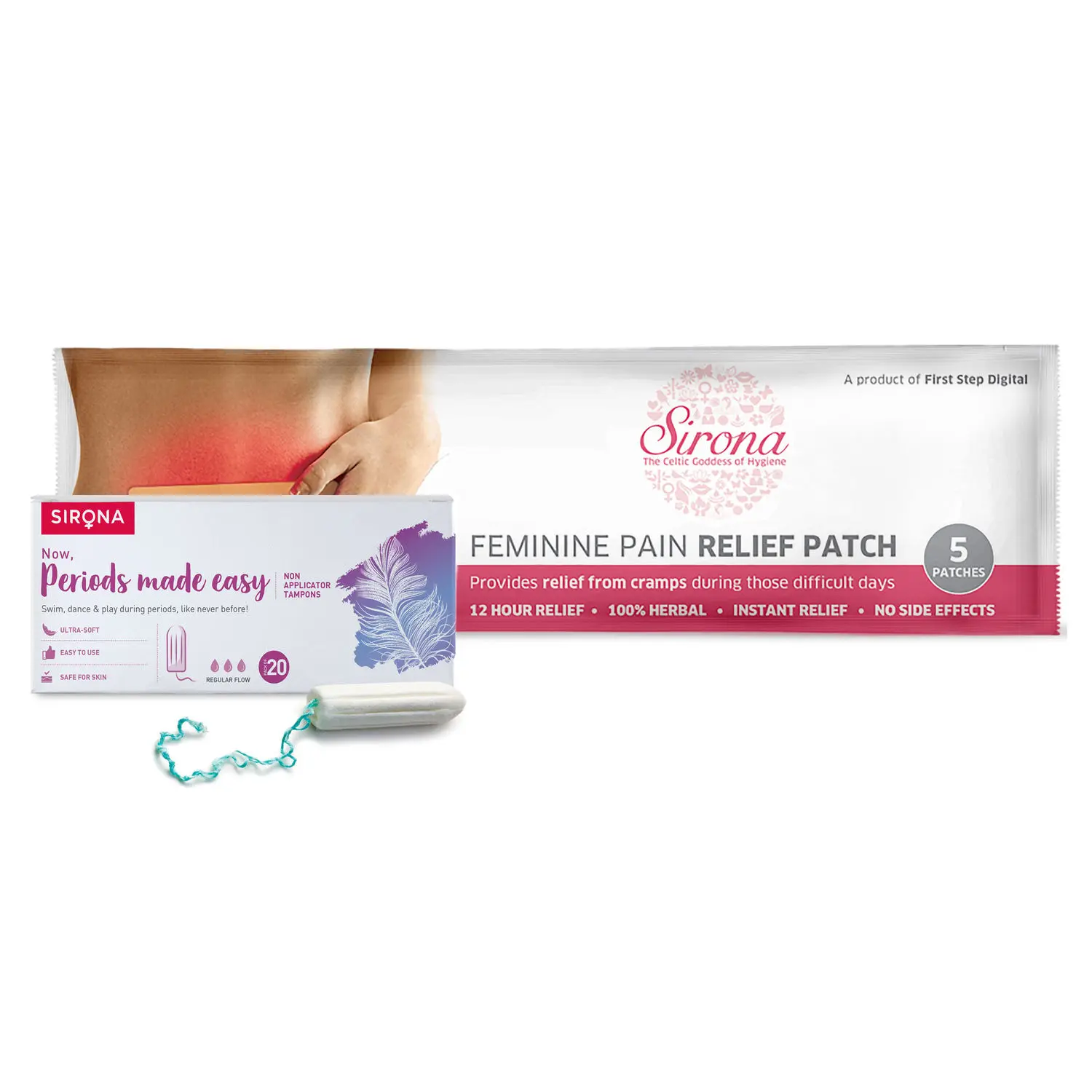 Sirona Herbal Period Pain Relief Patches - 5 Patches with FDA Approved Regular Flow Tampons - 20 Tampons