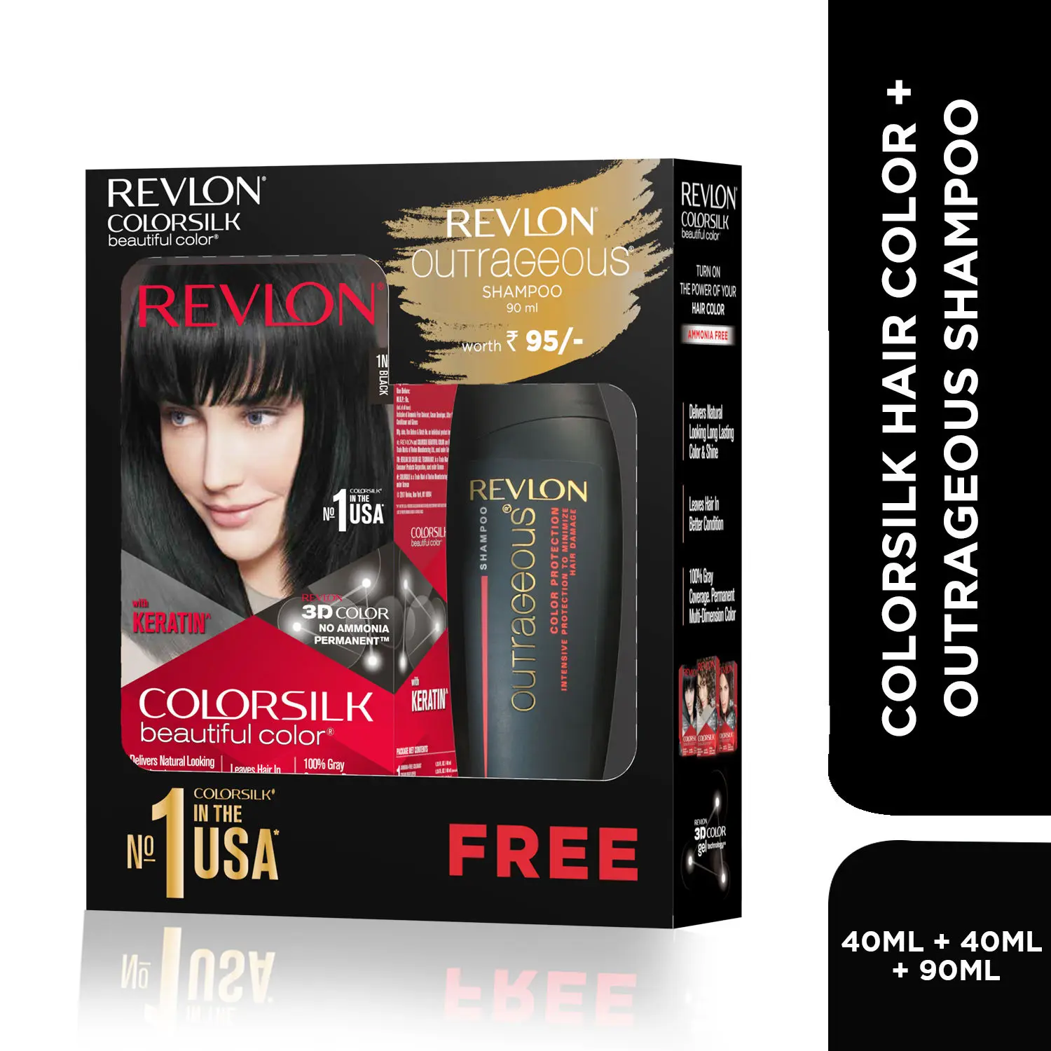 Revlon ColorSilk Hair Color with Keratin - 1N Black - (with Outrageous Shampoo 90 ml)