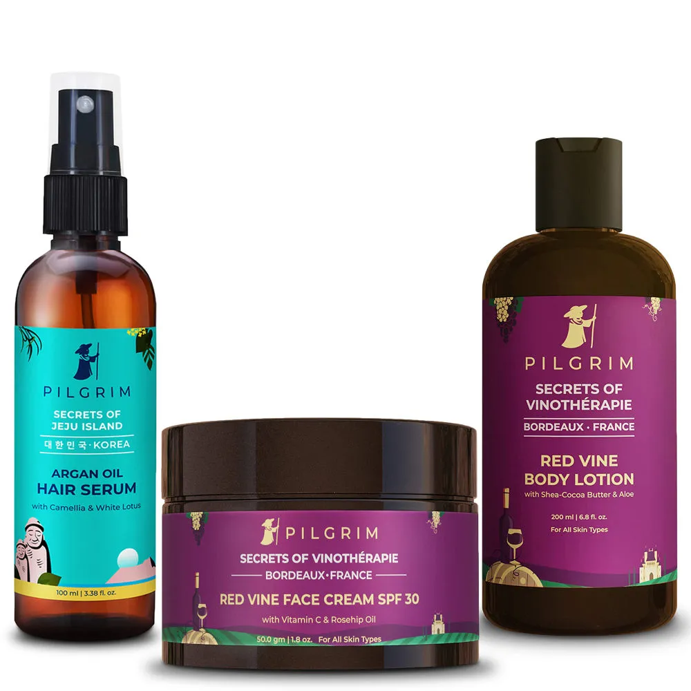 Pilgrim Moisturising Essentials Red Vine Face Cream + Red Vine Body Lotion + Argan Oil Hair Serum