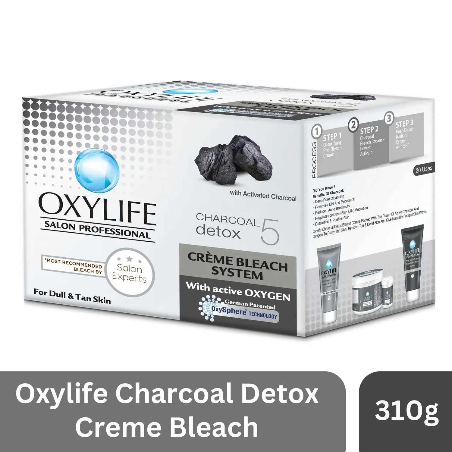 Oxylife Salon Professional Charcoal Detox 5 Creme Bleach Sytem - 310g | With Oxysphere Technology | Enriched with Active Oxygen & Charcoal | Complete Solution to 5 Skin Problems | For Dull & Tanned Skin