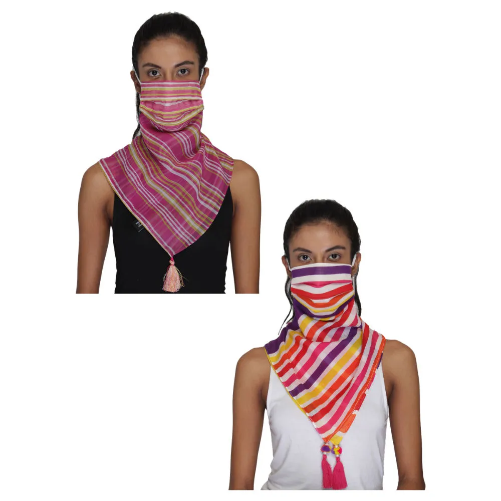 Anekaant Pack Of 2 Multicolor 3-Ply Reusable Striped Tasselled Scarf Style Fashion Mask