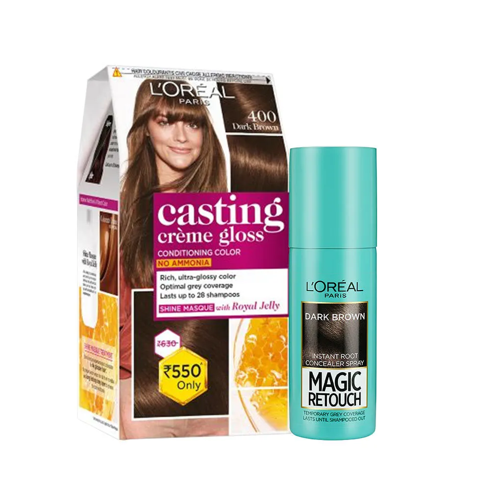 L'Oreal Paris Hair Colour Protection Combo - Casting Creme Gloss Hair Colour 400 Dark Brown + Magic Retouch