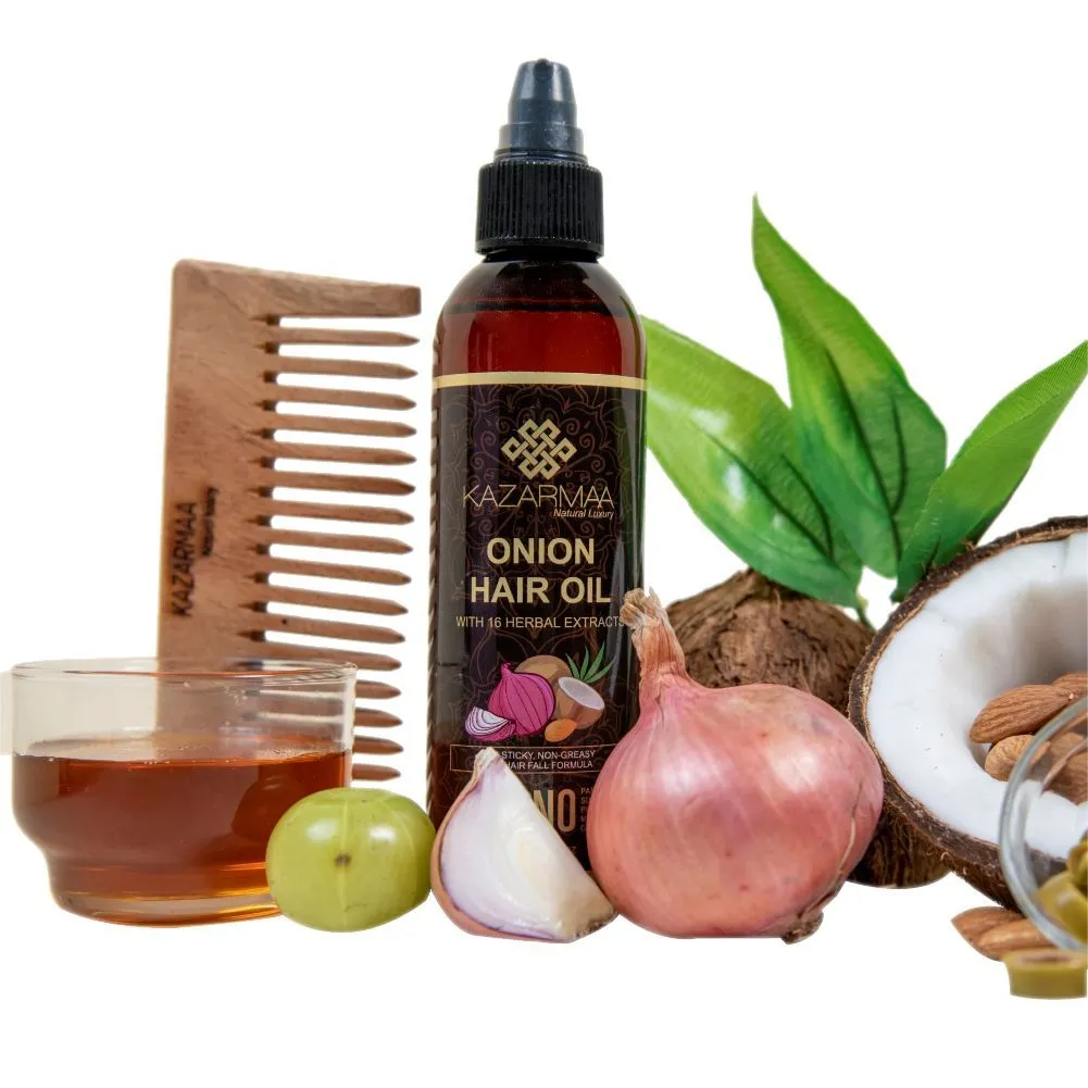 Kazarmaa Onion Hair Oil-with 16 Herbal Extracts -100 % Natural - With Natural Neem Wood Comb