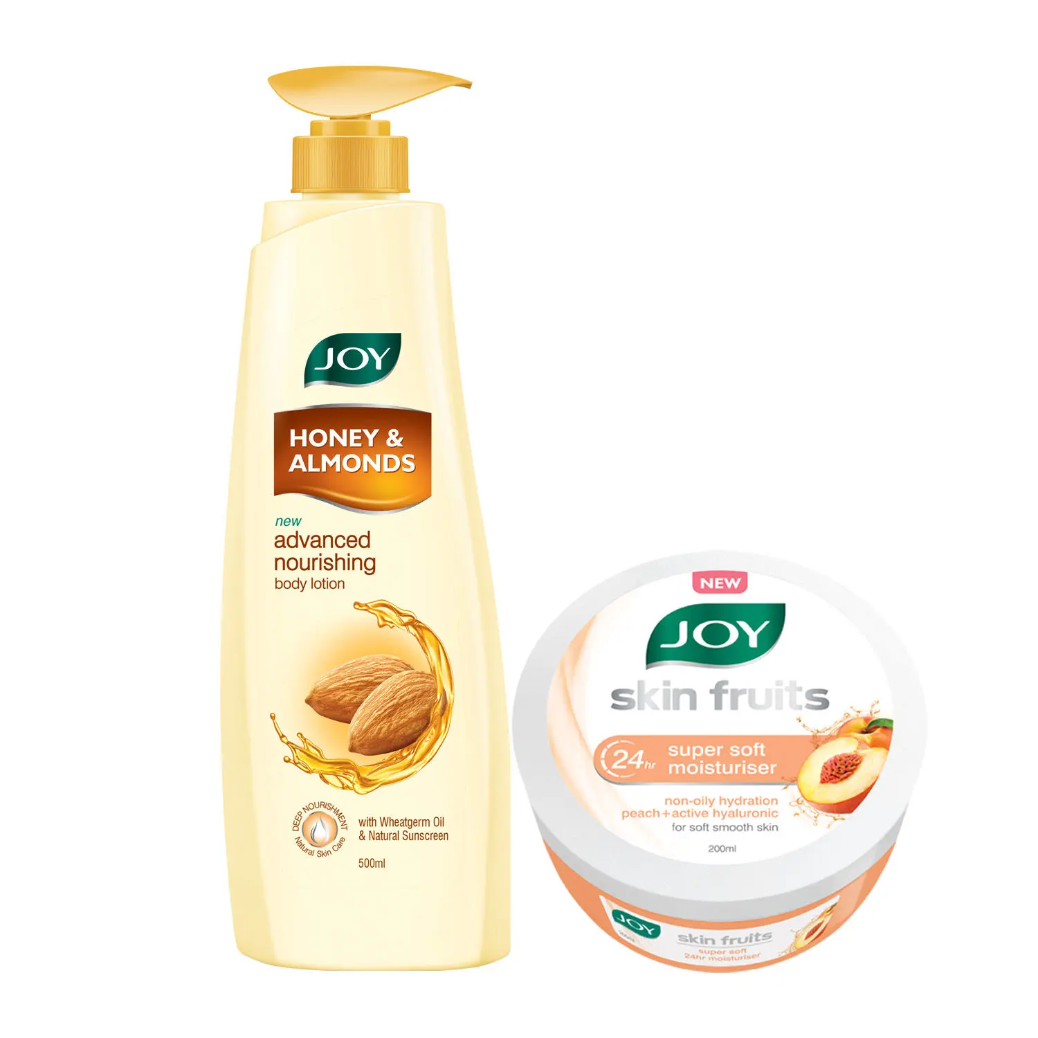 Joy Honey & Almonds Advanced Nourishing Body Lotion 500 ml & Joy Skin Fruits 24hr Super Soft Moisturiser with Peach & Active Hyaluronic 200ml (Combo Pack)