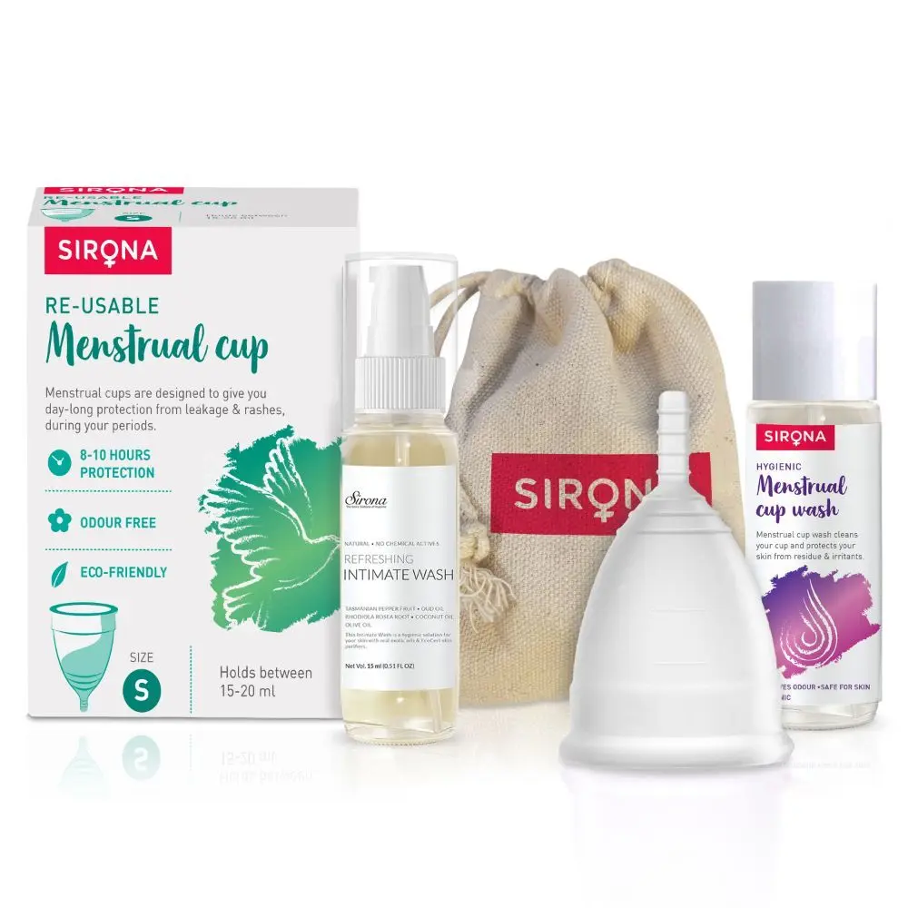 Sirona Reusable Menstrual Cup - Small Size with Pouch, 15ml Mini Intimate Wash & Cup Wash, Ultra Soft, Odour & Rash Free, No Leakage, Protection For Upto 10-12 Hours, FDA Approved