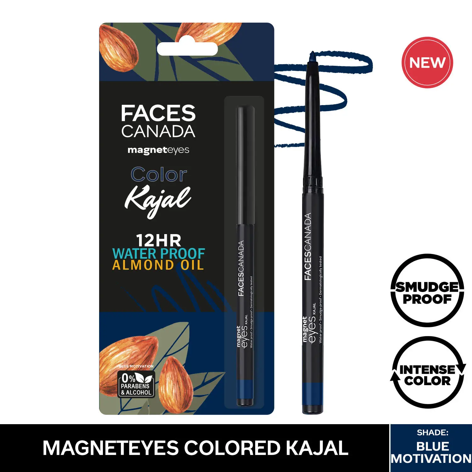 Faces Canada Magneteyes Kajal Waterproof, 24hrs Long Stay, Smudgeproof, Fadeproof, Almond Oil enriched, One Stroke Smooth Glide Blue Motivation 01 (0.25 g)