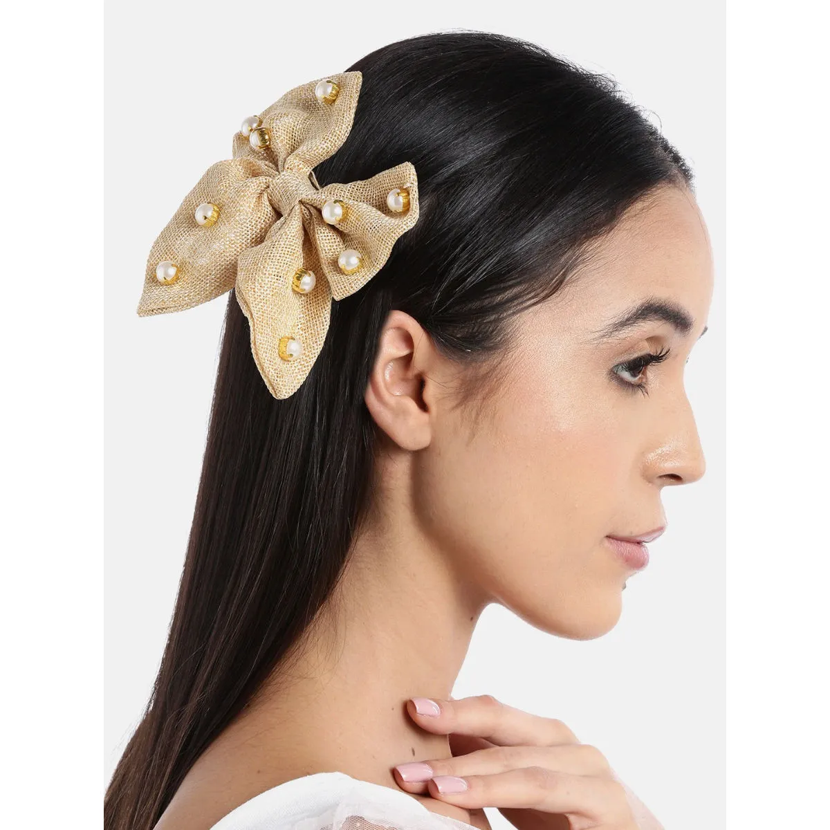 Blueberry Beige Jute Pearl Embellishment Hair Bow Clip