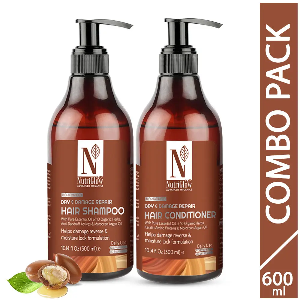 NutriGlow Advanced Organics Dry and Damage Repair Hair Shampoo (300 ml) & Hair Conditioner(300 ml) For Moisture Lock Formulation