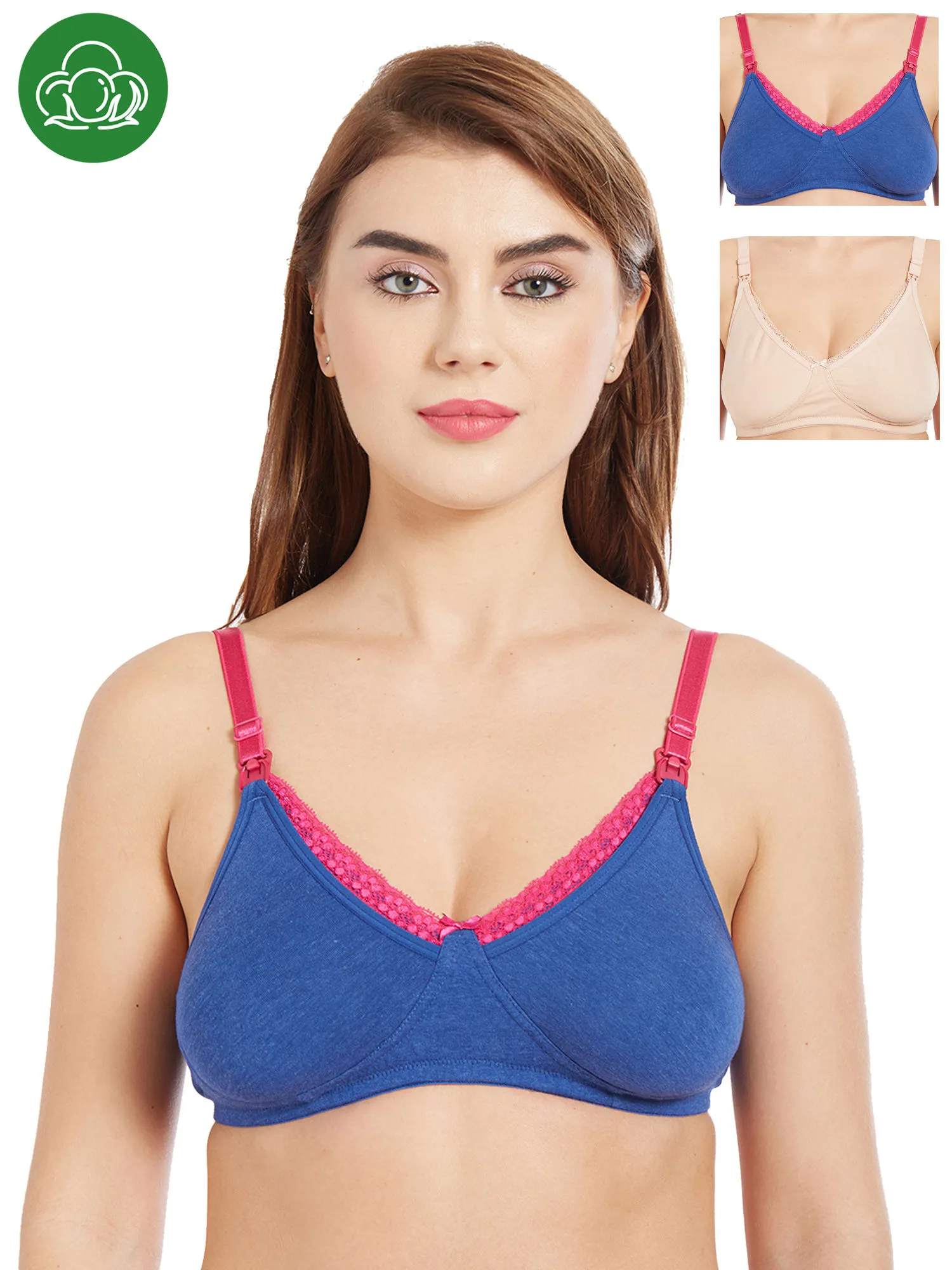 Inner Sense Organic Cotton Antimicrobial Laced Nursing Bra Pack of 3 - Multi-Color