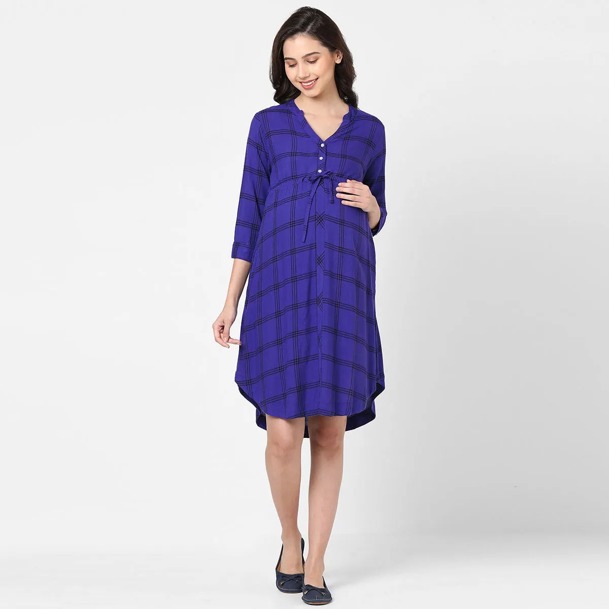 Mystere Paris Chic Checked Maternity Dress - Blue (L)