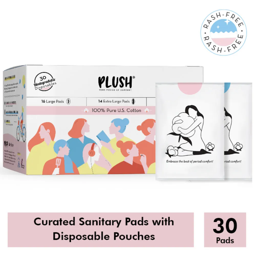 Plush Ultra Thin All Natural Sanitary Napkins with Individual Biodegradable Pouches - Pack of 30+ 4 liners