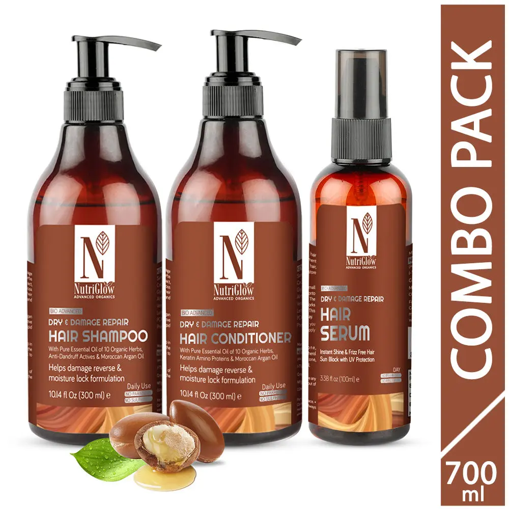 NutriGlow Advanced Organics Dry & Damage Repair Combo: Hair Shampoo (300 ml)/ Hair Conditioner (300 ml) & Hair Serum (100 ml)