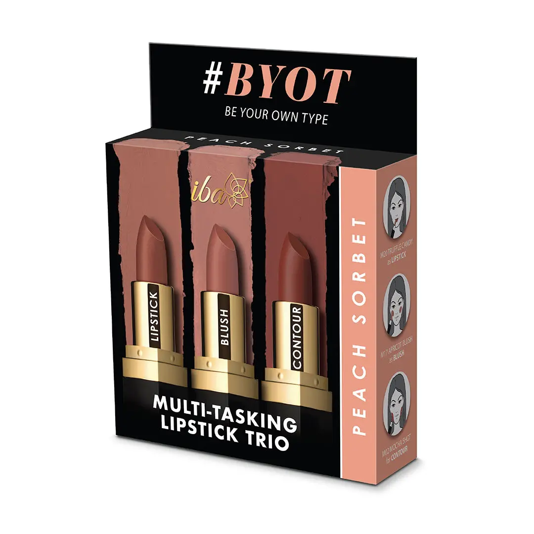 Iba Multi-Tasking Lipstick Trio - Peach Sorbet (Lipstick, Blush, Contour) M20 Truffle Candy, M17 Apricot Blush and M02 Mocha Shot