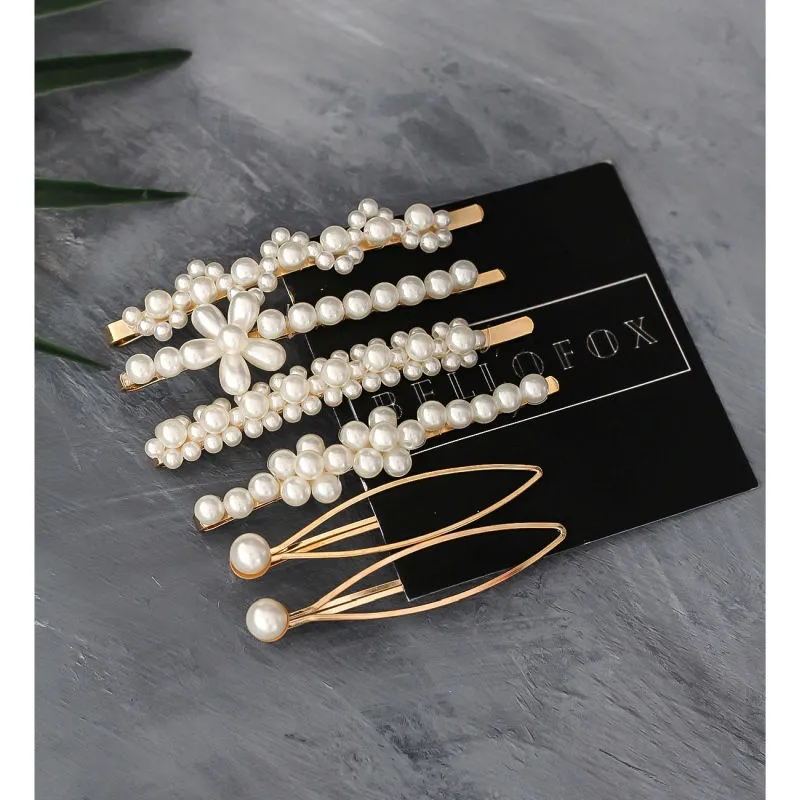 Bellofox Set Of 6 Off-White & Gold-Toned Beaded Bobby Pins