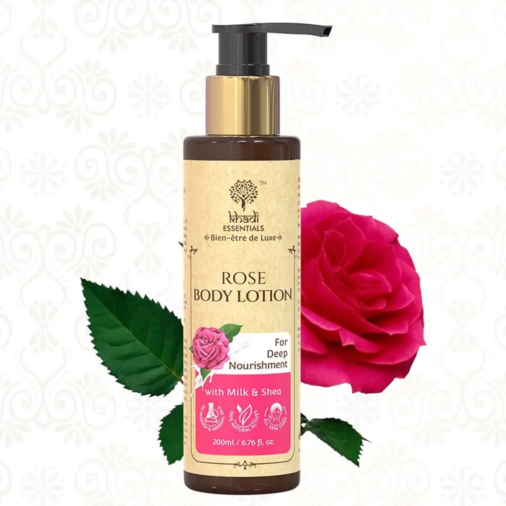 Khadi Essentials Rose Body Lotion for Dry & Dull Skin with Milk & Shea For Deep Nourishment , 200ml