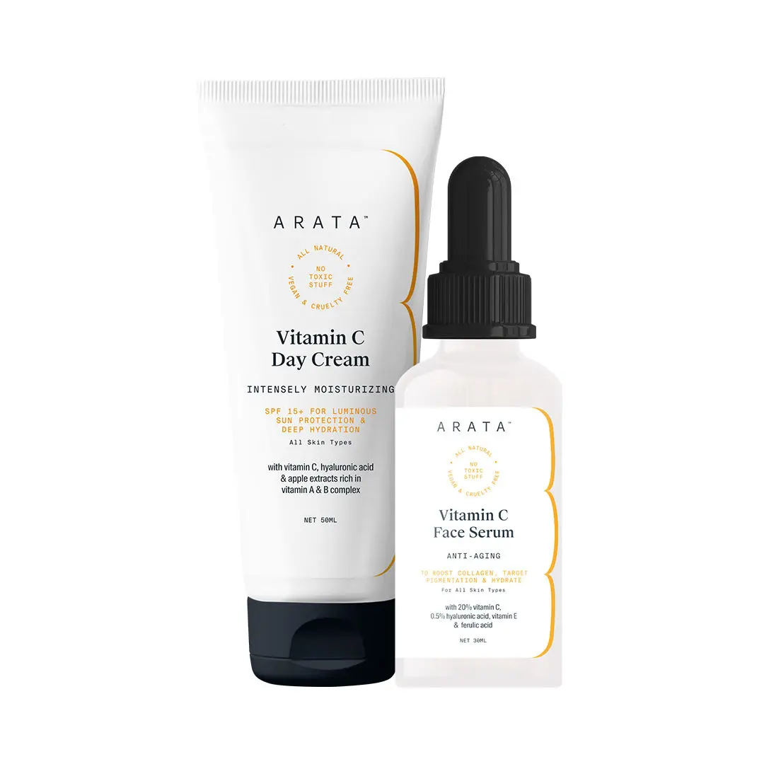 Arata Vitamin C Luminous Skin Combo With Day Cream (50 ML) & Face Serum (30 ML) | Anti-Aging With SPF 15+ | Infused With Hyaluronic Acid & Apple Extracts | Sun Protection & Deep Hydration | All-Natural, Non-Toxic | All Skin Types