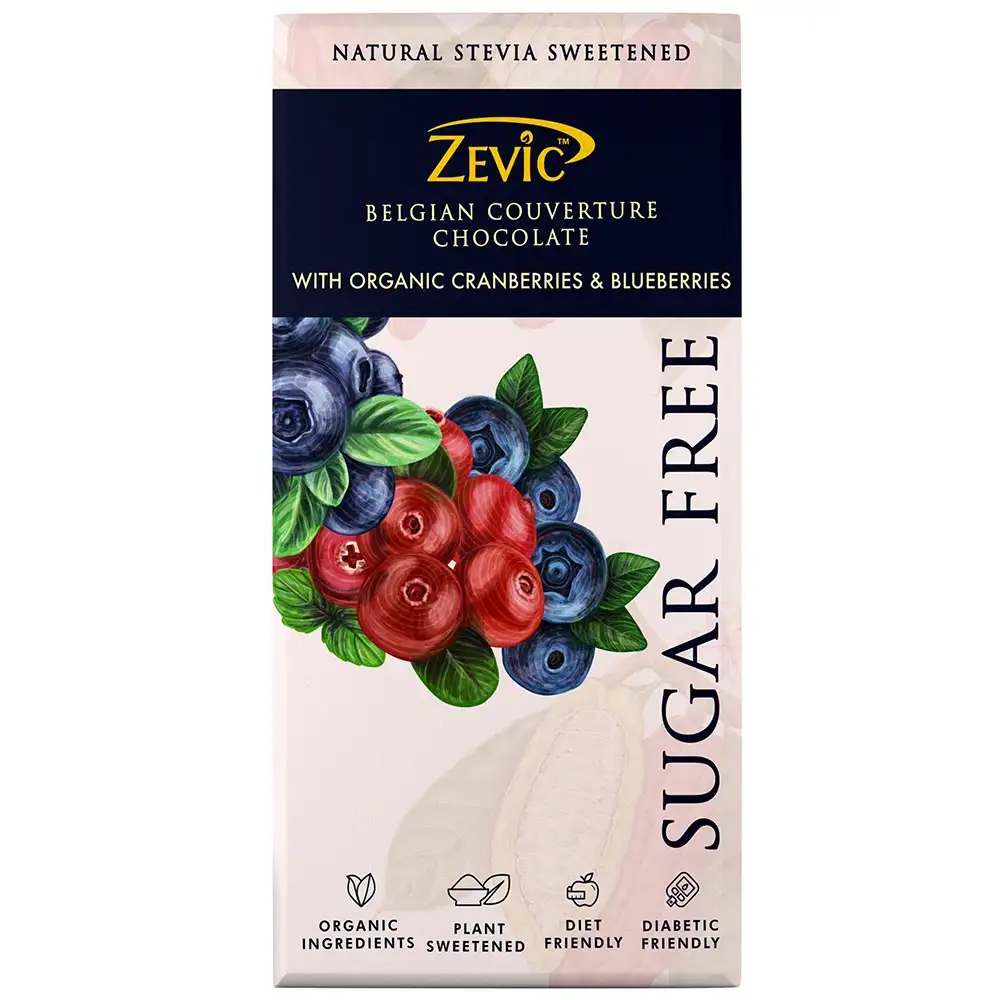 Zevic Dark Sugar Free Belgian Couverture Chocolate,  1 Piece(s)/Pack  with Organic Cranberries & Blueberries