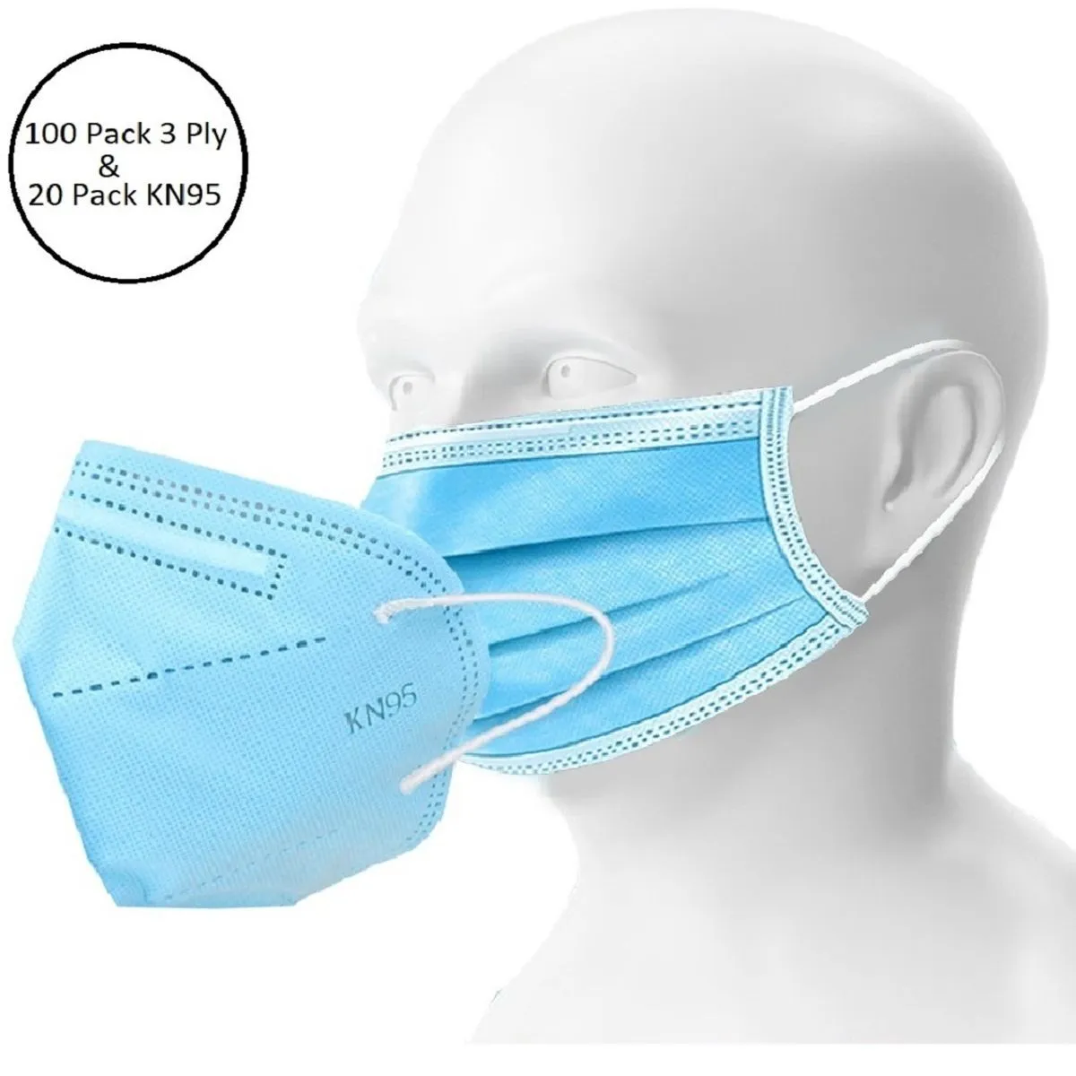 Fabula Unisex Double Mask Set Of 100 Disposable & 20 KN95 / N95 Masks (Blue )