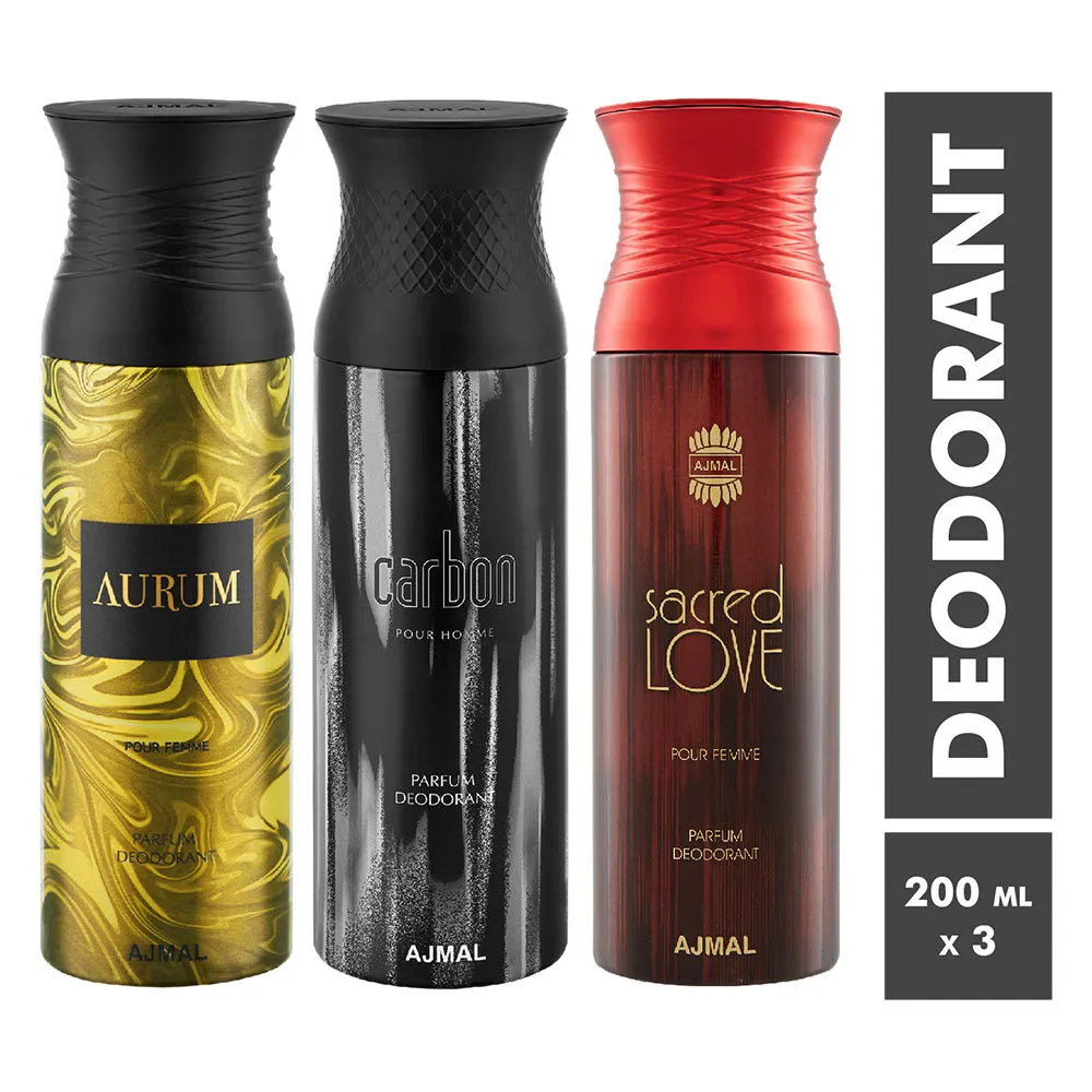 Ajmal Aurum, Carbon & Sacred Love Parfum Deodorant For Men and Women - Pack Of 3