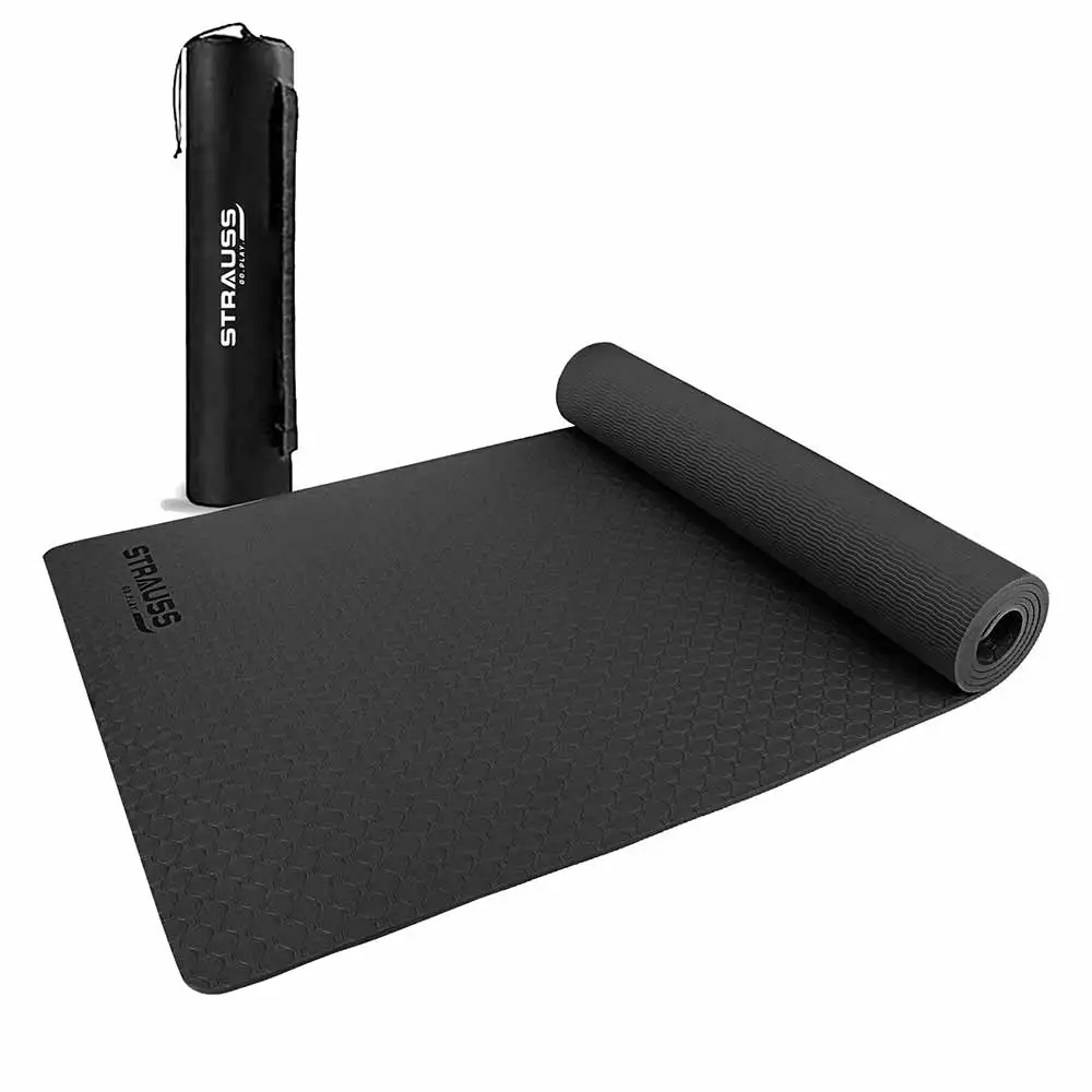 Strauss Anti Skid TPE Yoga Mat with Carry Bag,  Black  4mm