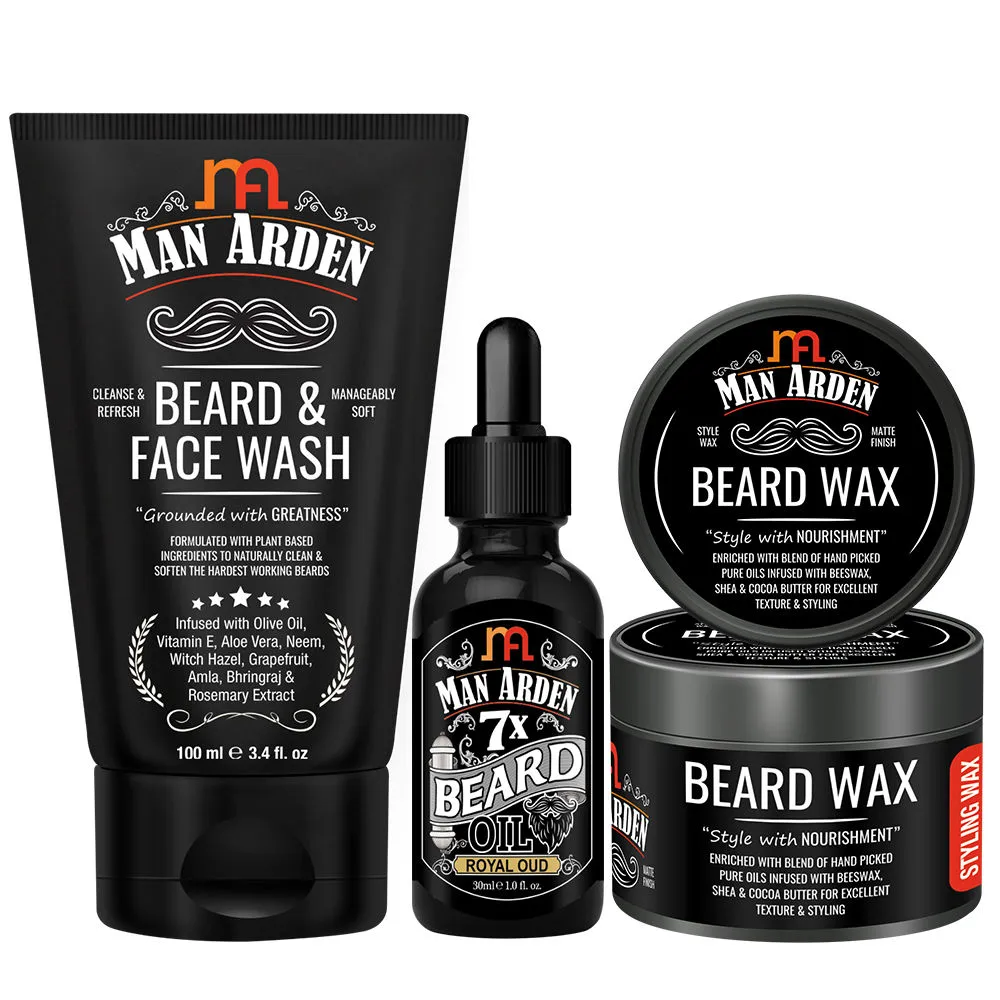 Man Arden Beard And Face Brightening Combo - Beard & Face Wash+ 7x Beard Oil (Royal Oud)+ Beard Wax