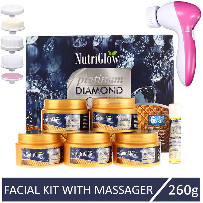 NutriGlow Platinum, Diamond & Gold Facial Kit (260 gm) With 5-in-1 Face Massager For Lightening & Brightening Skin