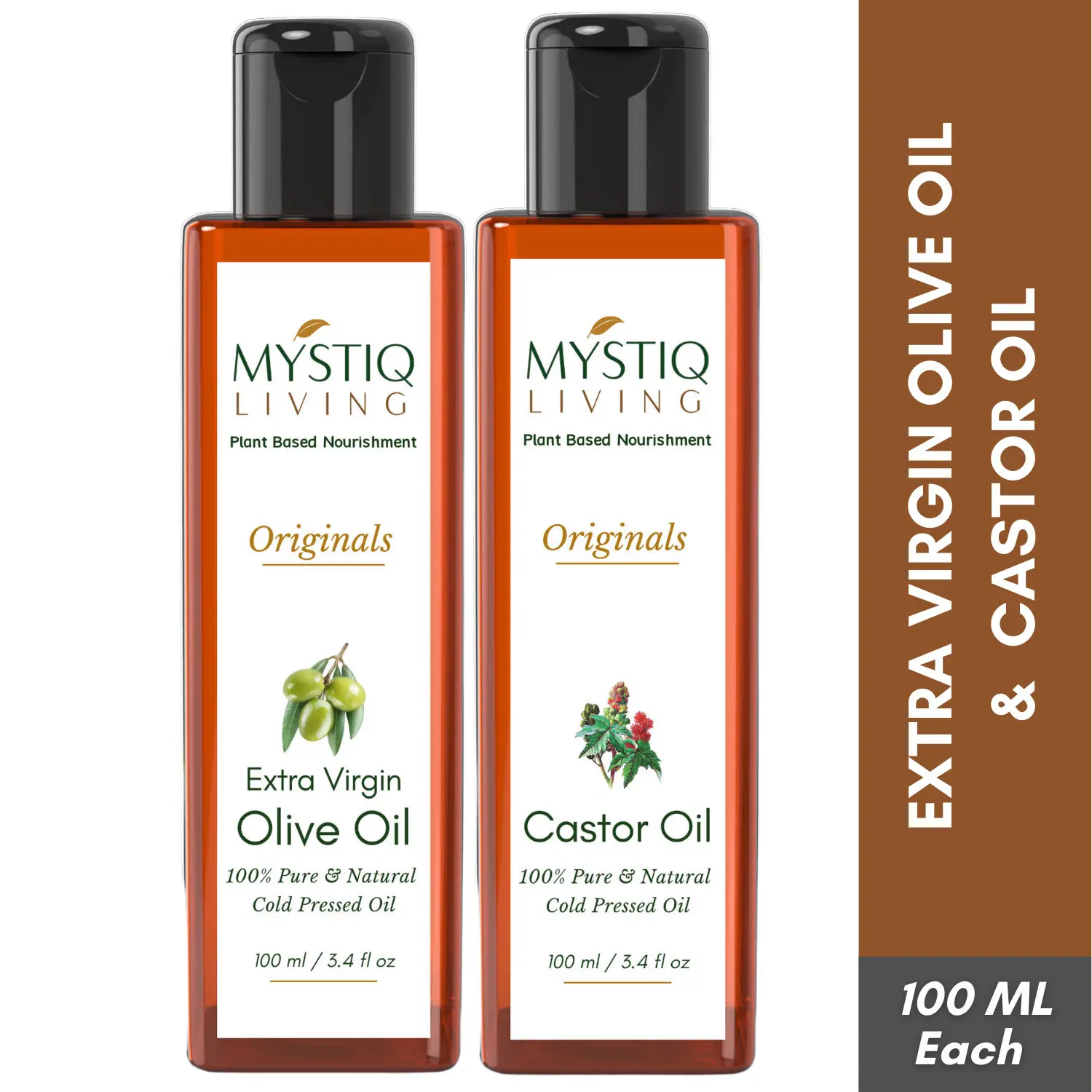 Mystiq Living Extra Virgin Olive Oil and Castor Oil Combo - 100 ML each (200 ML) for Skin, Hair & Body, Castor Oil for Hair Growth, Olive Oil for Face | Baby Massage & Body Massage Cold Pressed, Organic, 100% Pure and Natural