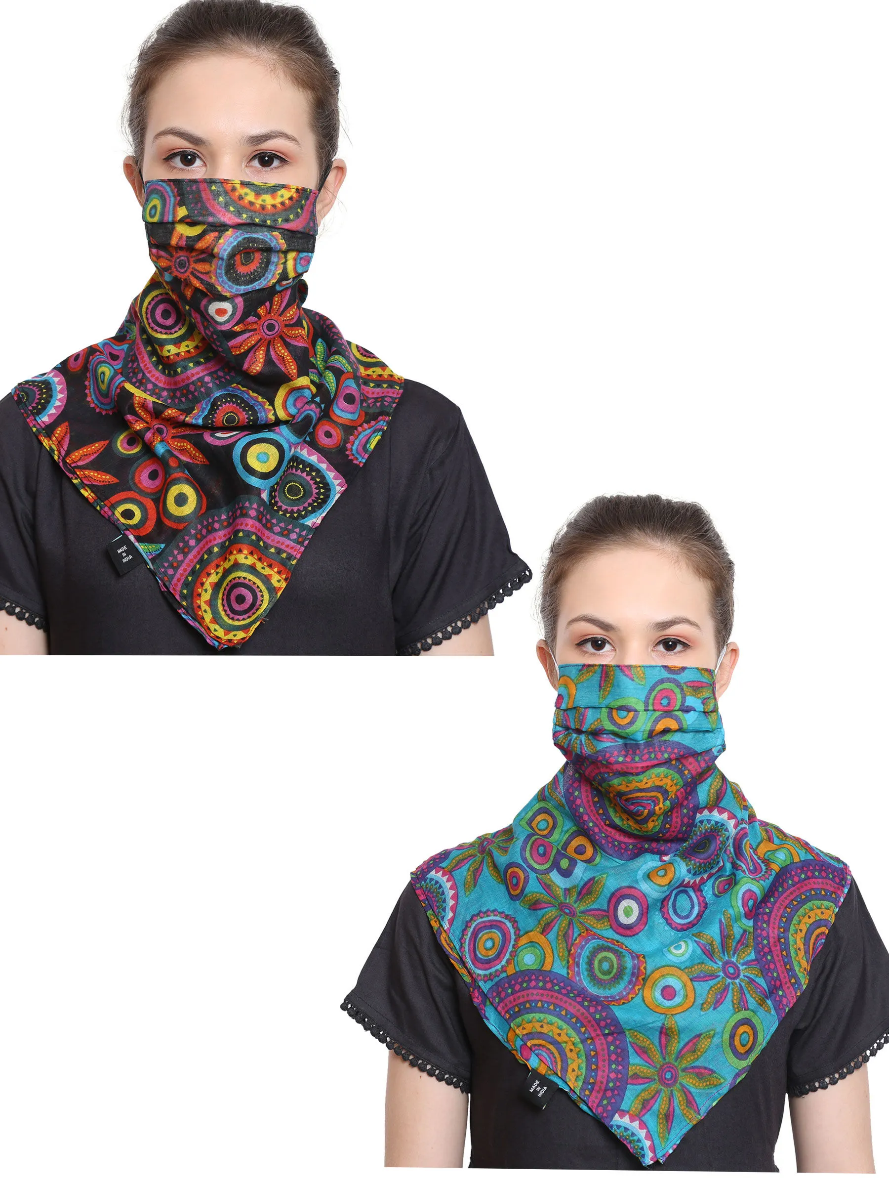 Anekaant Multicolor 3-Ply Reusable Printed Cotton Scarf Style Fashion Mask (Pack Of 2)