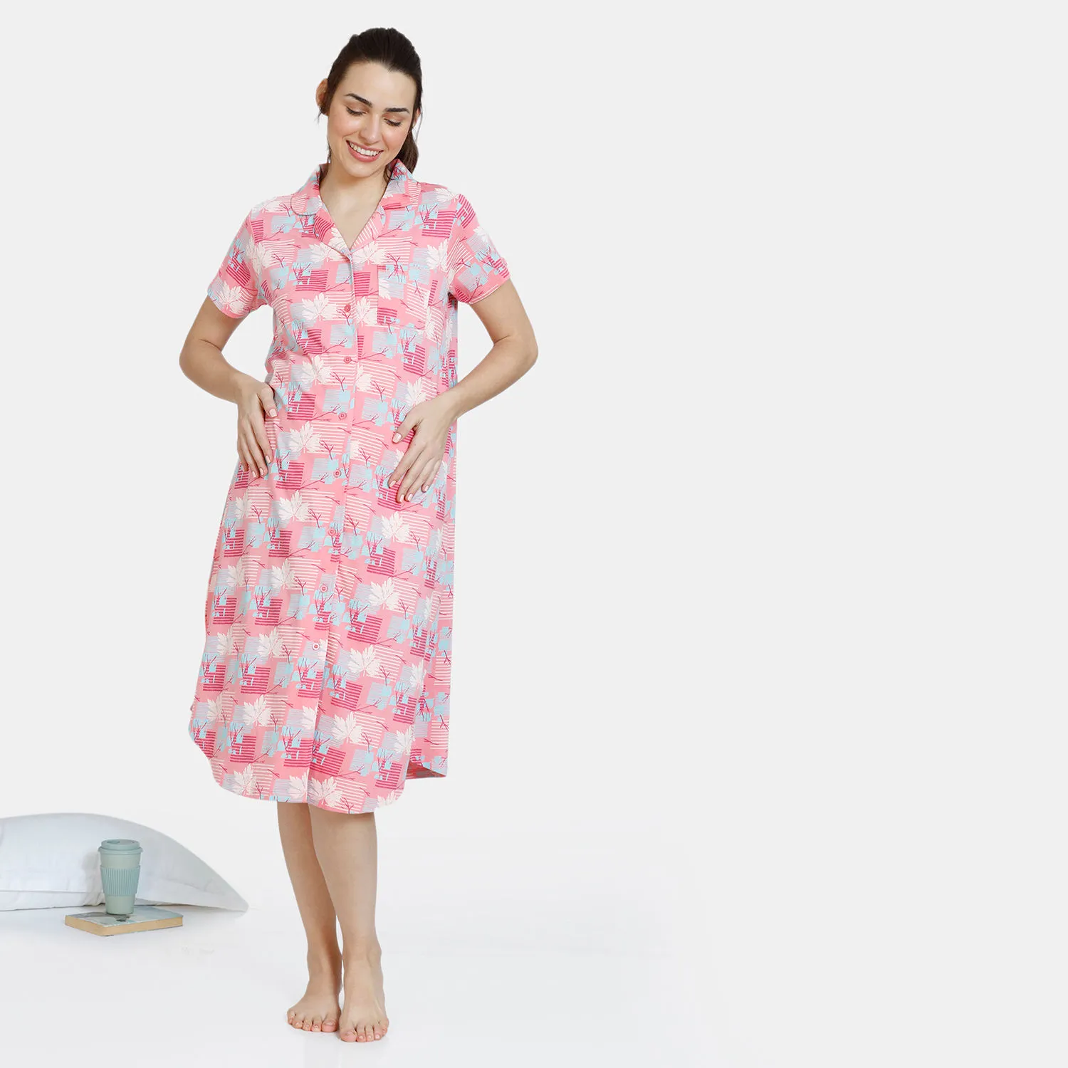 Zivame Maternity Knit Cotton Mid Length Nightdress - Pink Icing (M)