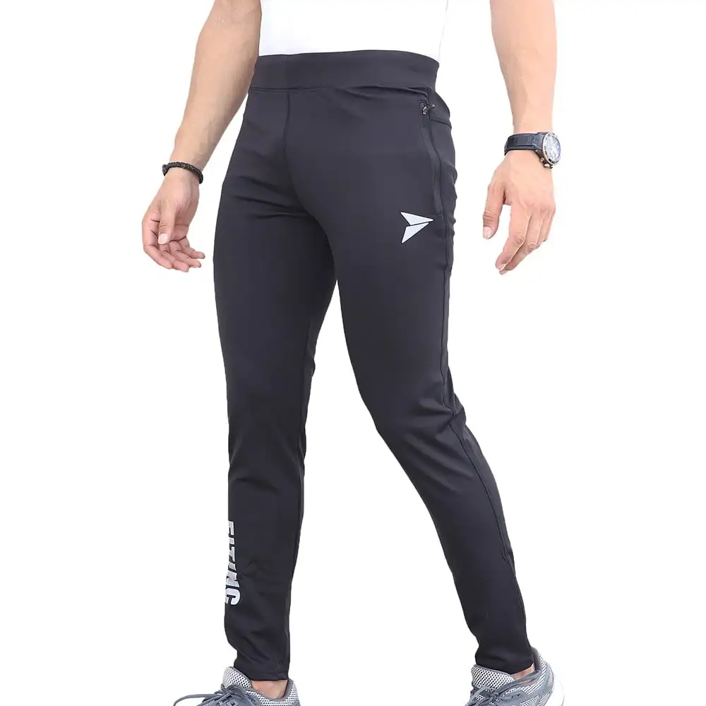 Fitinc Men's Lycra Slim Fit Track Pants with 2 Side Zipper Pockets and Logo,  Black  Medium