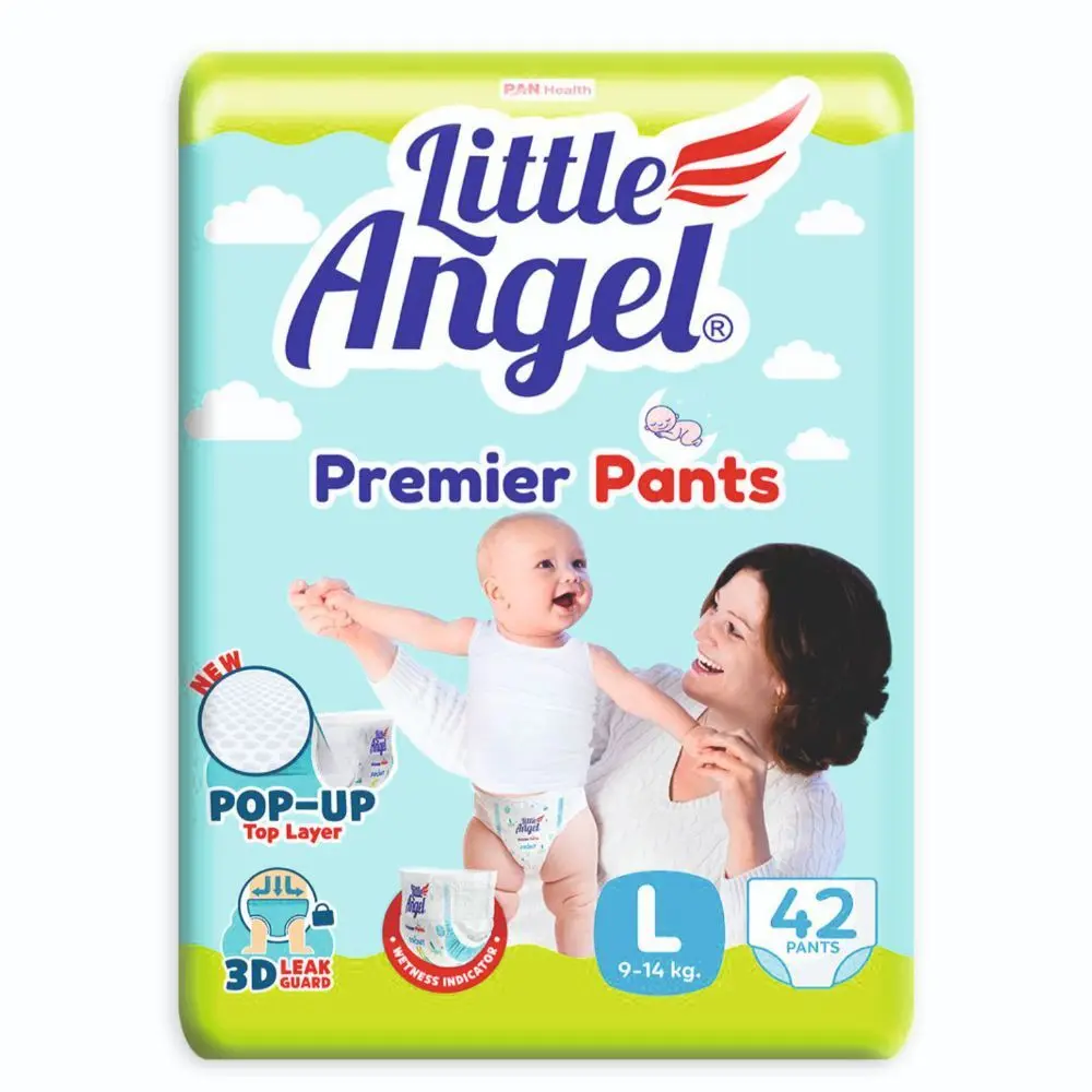 Little Angel Premier Pants Baby Diapers, Large (L) Size, 42 Count with Wetness Indicator, 9-14 Kg