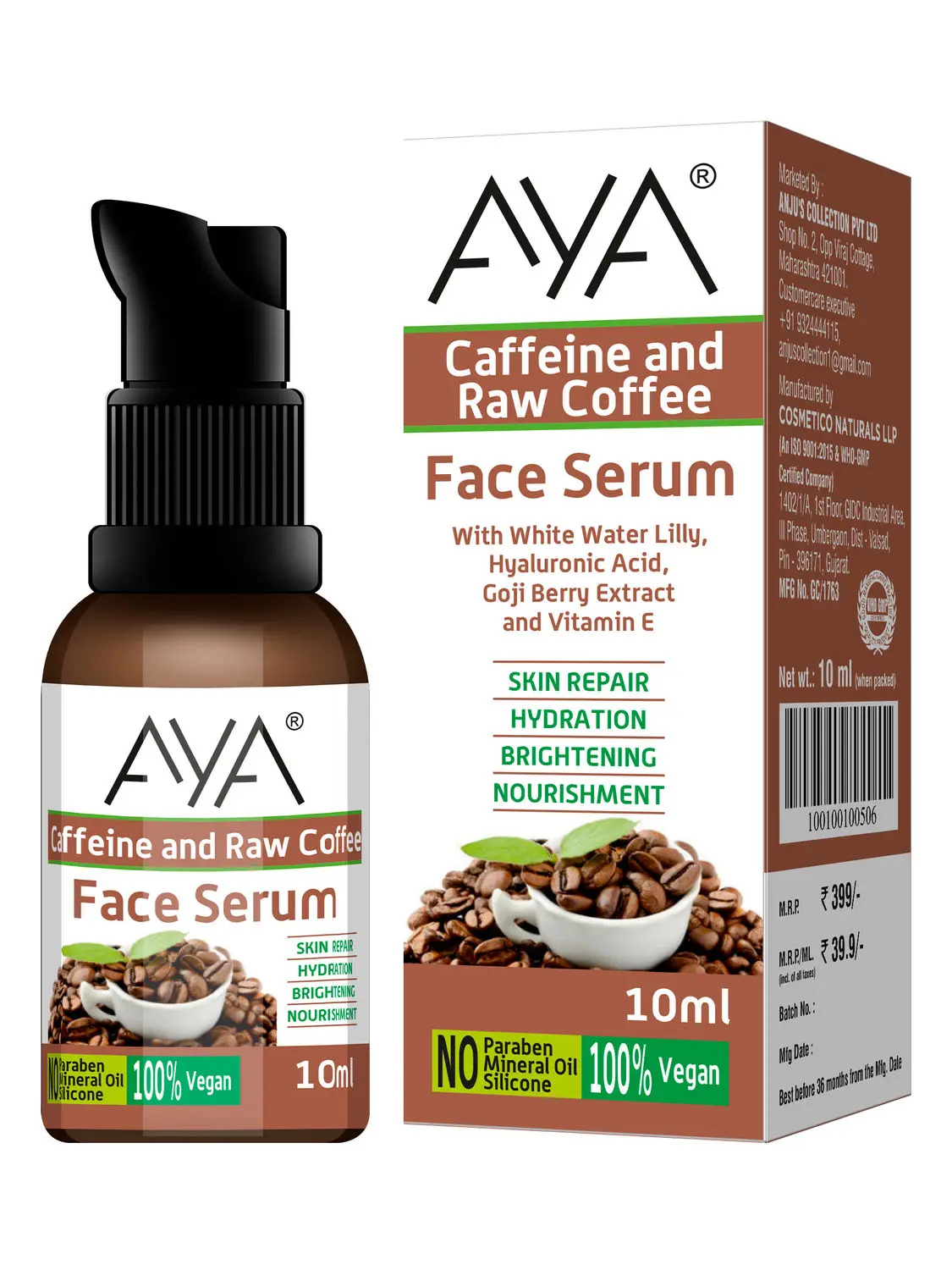 AYA Coffee Face Serum (10 ml) | For Skin Repair, Hydration, Brightening and Nourishment | No Paraben, No Silicone, No Mineral Oil