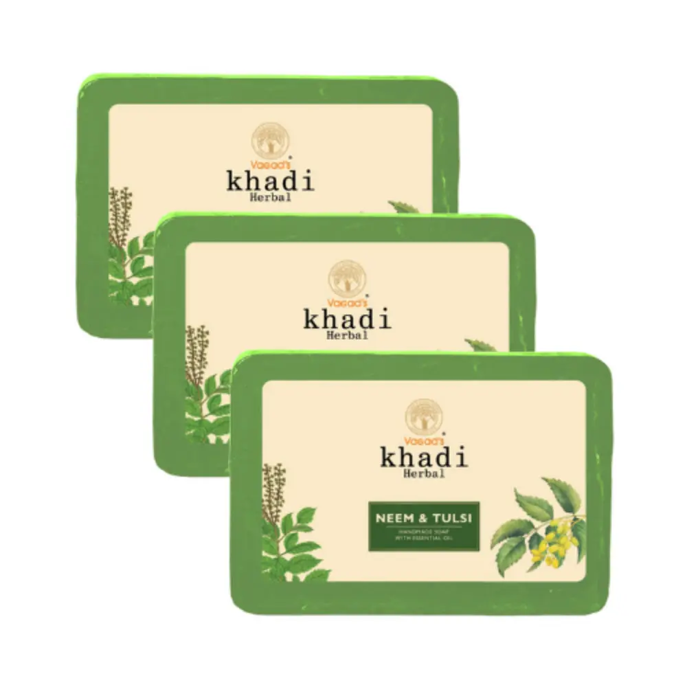 Vagad's Khadi Neem-Tulsi Soap 125gm | Anti-Bacterial Soap | Reduces Acne and Pimples | Free from Parabens | Silicon-Free (Pack of 3)