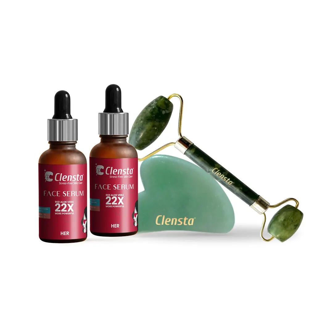 Clensta Celerbrity Face Cuts pack for Women | Clensta Face Serum With 2% Hyaluronic Infused With Vitamin B5 | Clensta Face Serum With 2% Alpha Arbutin & 2% Hyaluronic Acid | Jade Roller | Gua Sha For Women