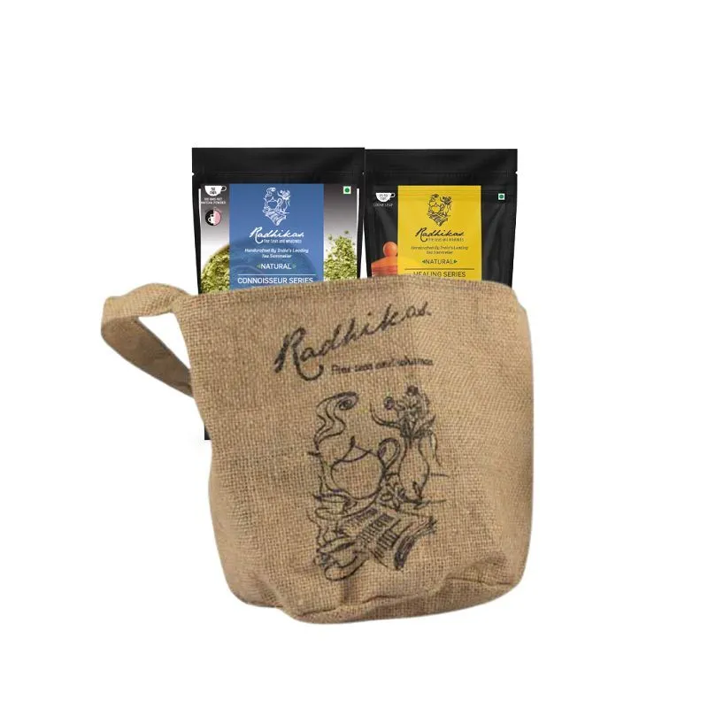 Radhikas Jute Bag Tea Takeaway - 2 Ziplocked Loose Teas